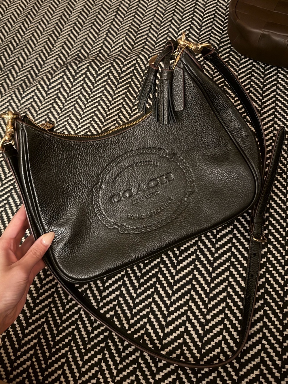 Coach Black Pebbled Leather Hobo Shoulder Bag with Tassel Accent